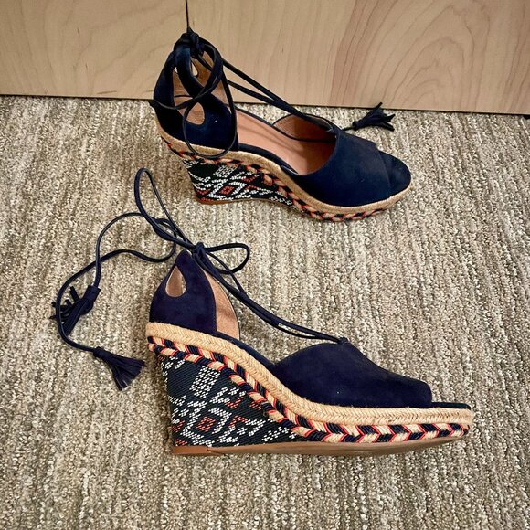 CAbi Shoes - Cabi Navy Blue Suede Island Wedge Sandals Size 7.5